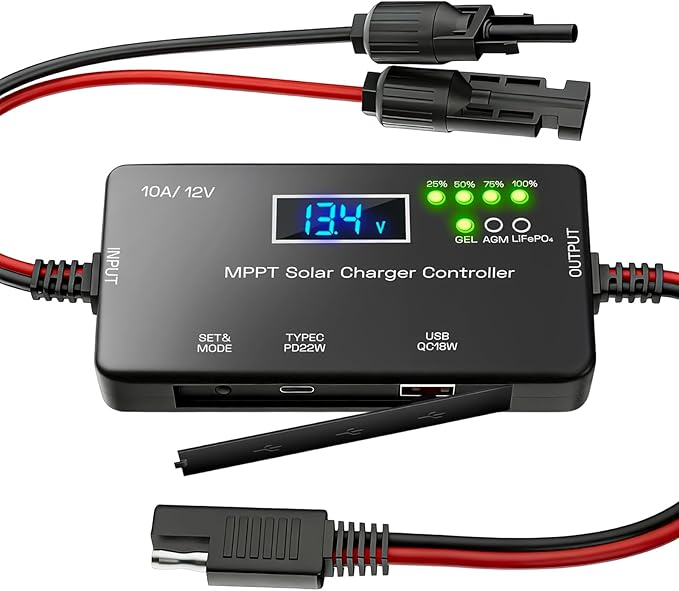 MPPT Solar Charge Controller 12V 10A, with LCD Display & Type-C/USB Output, Compatible with LiFePO4, AGM, Gel Batteries, Zero Battery Drain Technology for Off-Grid Solar System
