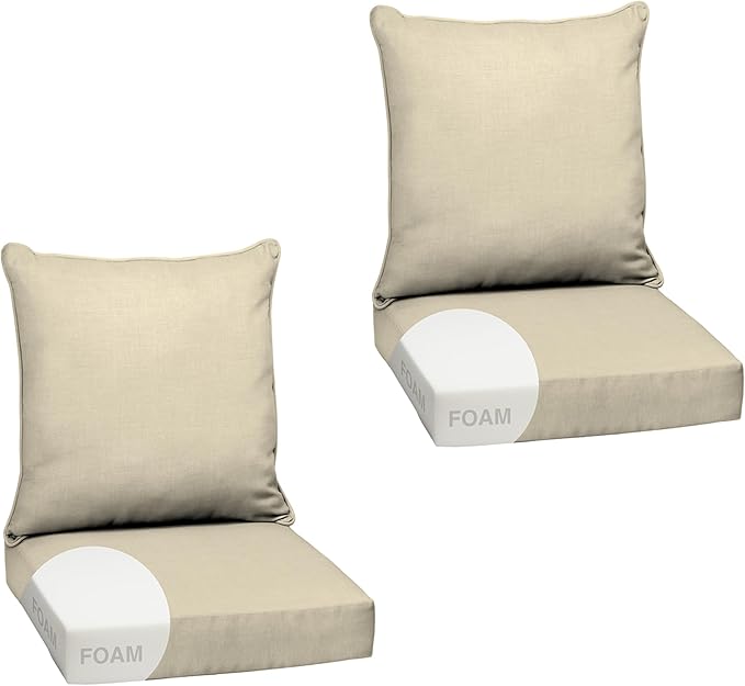 Arden Outdoor Foam Deep Seat Cushion Set (2-Pack), 24x24, Premium High-Density Foam, Never Flattens, Weather-Proof for Patio Chair Sofa Couch, Tan Leala