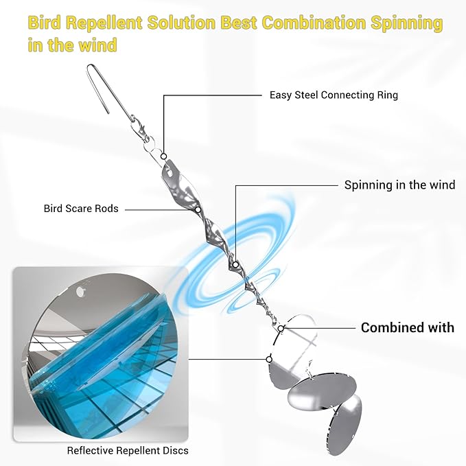Factee Bird Scare Devices, 3.9 Inch Large 18PCS Reflective Discs Set + 6PCS Bird Scare Rods, Double-Sided Bird Reflectors Keep All Birds Away Woodpeckers Pigeons from Your House Garden Boat