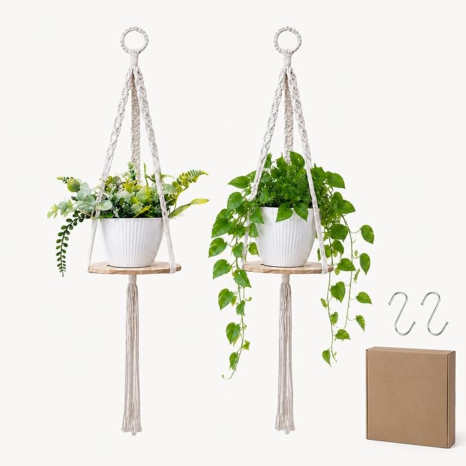 Artilady 2 Pack Macrame Hanging Planter with Wood Shelf, Boho Plant Hanger for Indoor Plants Basket Holder for Window Balcony Kitchen