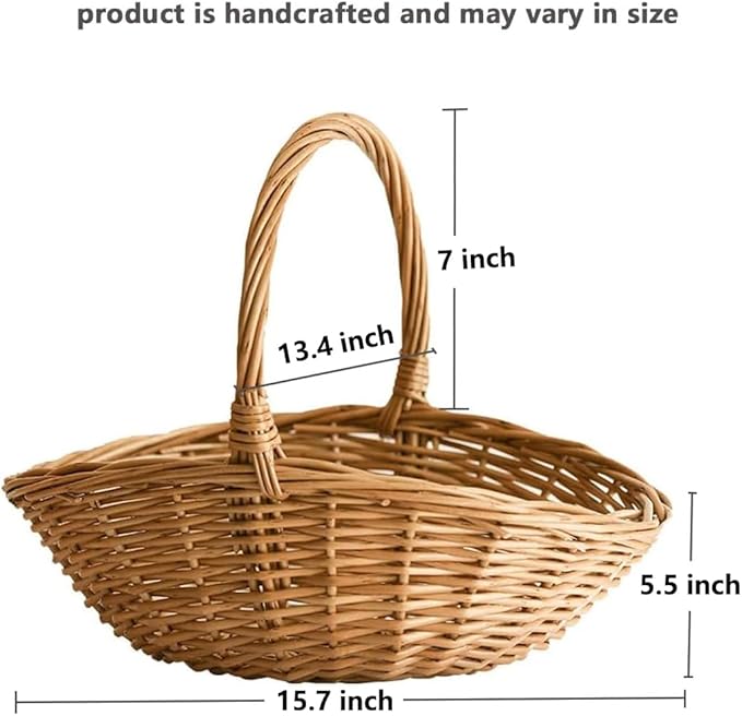 Natural Woven Willow Picnic Basket with Handle - Handcrafted Wicker Storage Basket for Picnic, Shopping, Home Organization, Gifts - Light Brown, Large Capacity, 15.7x13.4x12.5 Inches