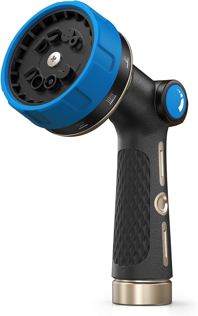 RAINPOINT Garden Hose Nozzle Heavy Duty - 100% Metal Thumb Control Spray Nozzles for Garden Hose High Pressure, 10 Patterns Water Hose Nozzle for Car Wash, Watering Lawn and Pets, Blue