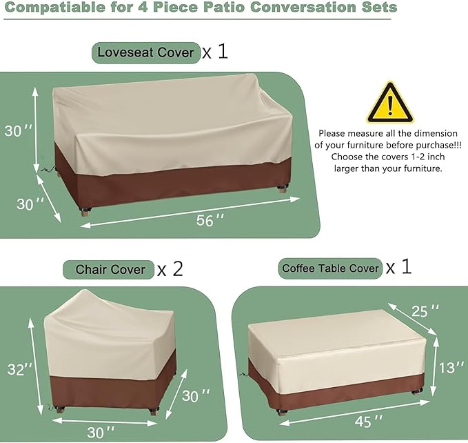 Gasadar Outdoor Furniture Cover Waterproof, Patio Furniture Set Covers for Patio Loveseat, Chair and Coffee Table, Beige & Brown