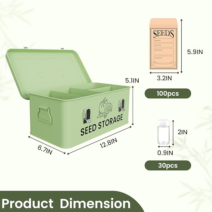 Seed Storage Organizer Box, Metal Seed Box, Garden Seed Organizer with Lid, Seed Containers Storage with 4 Compartments, 30 Seed Holder Organizers, 100pcs Seed Envelopes (Green)