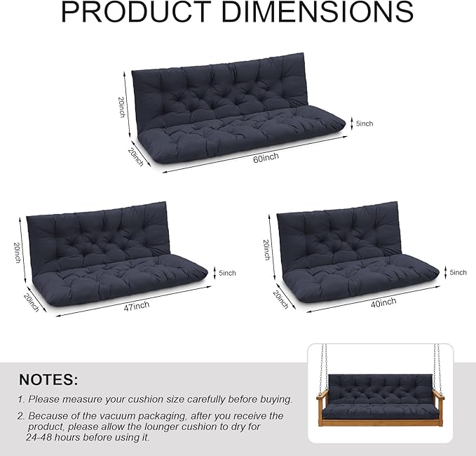 Porch Swing Cushions, Outdoor Swing Replacement Cushions 3 Seater with Backrest, Waterproof Bench Cushion with Ties,for Patio,Porch, Garden,Backyard (Navy Blue 60 * 40 in)