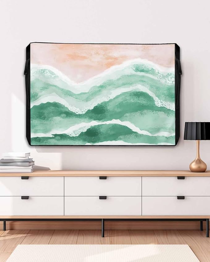 Outdoor TV Cover for Outside Flat Screen,Green Gradient Ripple Ocean 600D Thick Waterproof Weatherproof Outdoor TV Screen Protector with Zipper for 52 to 55 Inch Flat Screens Abstract Geometric Art