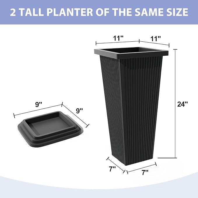 24in Tall Planters Set of 2 with Saucers, Black Stripe | Built-in drainage system, Durable composite plastic, Fade-resistant design, Weather Resistant, Patio & porch decor