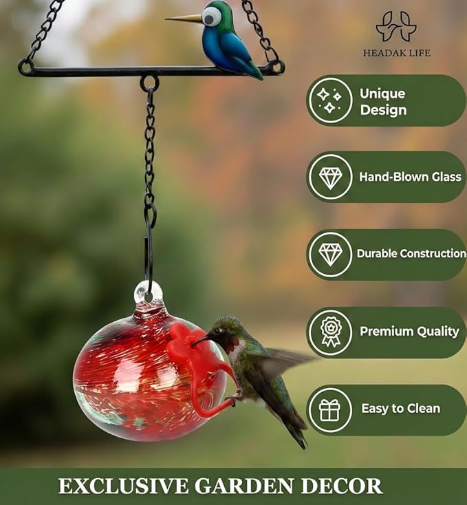 Headak Life Hummingbird Feeder for Outdoors Hanging,Metal Hummingbird Swing with Hand Blown Glass Hummingbird Feeder,Artistic Bird Perch & Garden Decor, Unique Gardening Gifts for Women(Red)