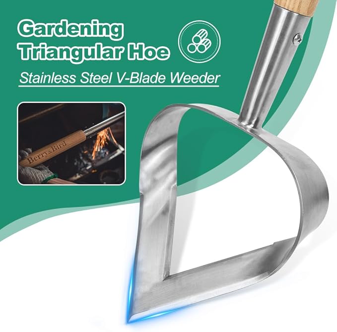 Berry&Bird Hoe Garden Tool, Heavy Duty 61.2" Triangle Hoes with Ashwood Handle, Long Handle Weeding Tool Garden Hoe for Weeding, Cultivating, Soil Loosening and Digging Trenches