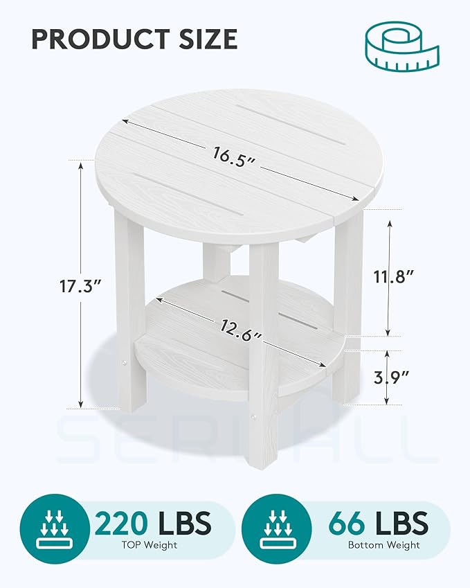 SERWALL Round Outdoor Side Table Set of 4, HDPE Small Adirondack Double End Table, White