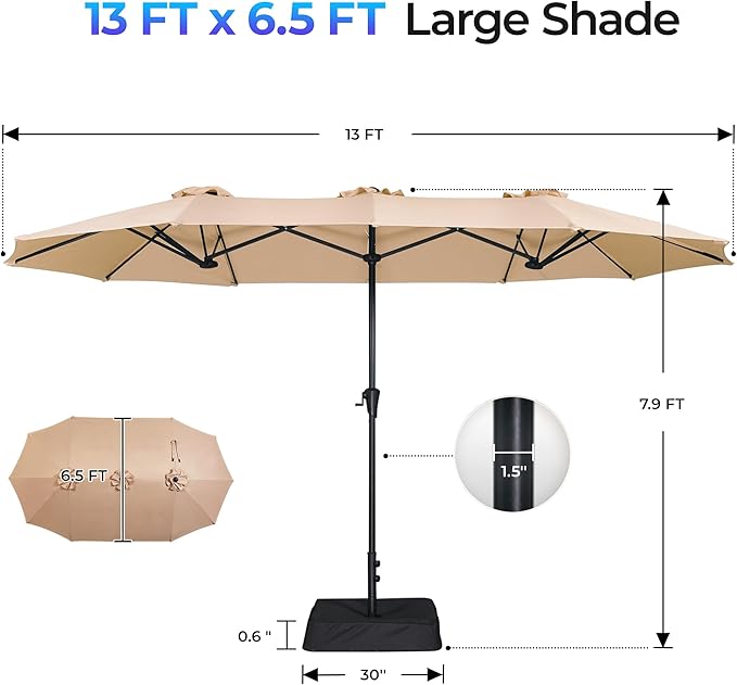 SUPERJARE 13FT Outdoor Patio Umbrella with Base Included, Double Sided Pool Umbrellas with Fade Resistant Canopy, Large Table Umbrella for Deck, Market, Backyard - Beige