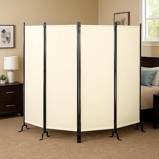 Proman Products - Galaxy 4 Panel Section Privacy Folding Screen Divider, Water Repellent Fabric Room Divider with Black Powder Coated Metal Frame for Indoors or Outdoors (Beige)