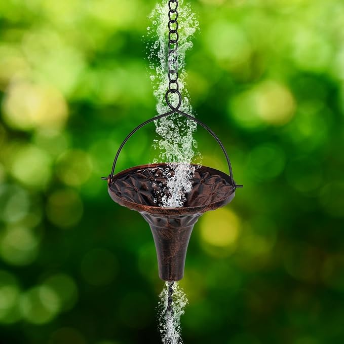 9.7ft Rain Chain with 10-Cup for Outside Gutters,Eaves, Drainage | Metal Rain Chain, Decorative Replacement Downspout, Adjustable Length, Brown