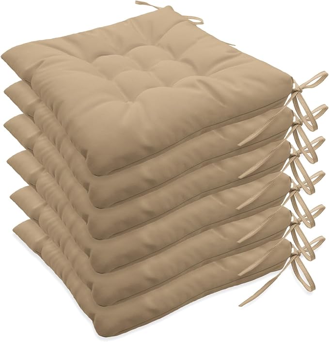 Outdoor Indoor Tufted Chair Cushions, Seat Cushions with Ties, Chair Pads Waterproof for Porch Kitchen Office Garden Khaki 16" x 16", Set of 6