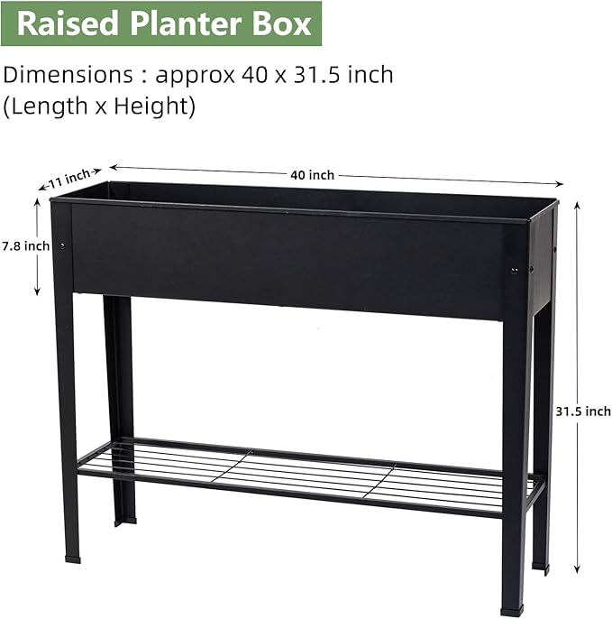 Raised Garden Bed, Elevated Planter Black Metal Plant Box with Legs Standing Garden Stand Drainage Holes Black