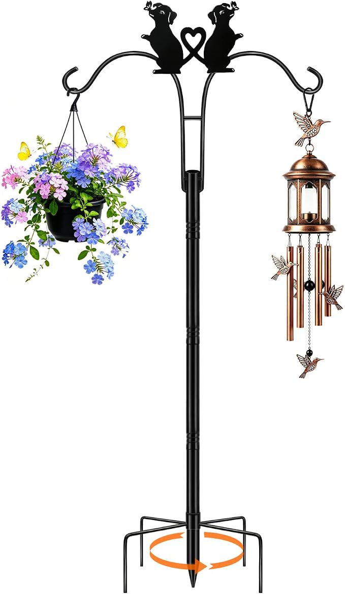 MRHEPHAESTUS Double Shepherds Hooks for Outdoor, 78 Inch Bird Feeder Pole with 5 Prongs Base, Adjustable Heavy Duty Plant Hangers Dog Art for Outdoor Plants Hummingbird Feeder Hanging Baskets Lantern