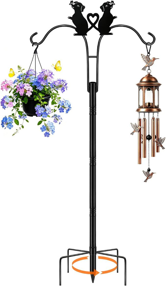 MRHEPHAESTUS Double Shepherds Hooks for Outdoor, 78 Inch Bird Feeder Pole with 5 Prongs Base, Adjustable Heavy Duty Plant Hangers Dog Art for Outdoor Plants Hummingbird Feeder Hanging Baskets Lantern