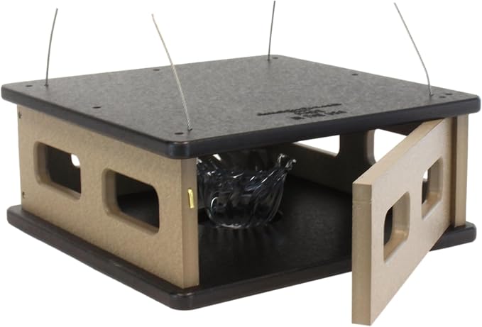 Bluebird Feeder - Hanging Block House Mealworm Feeder for Bluebirds - Amish-Made with Poly Lumber (Black and Weathered Wood)