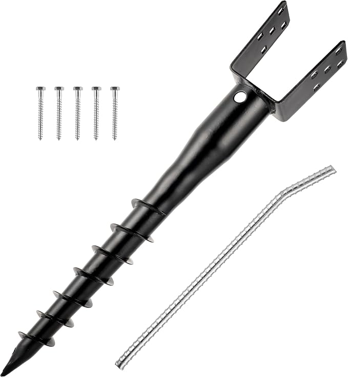 No Dig Ground Screw Anchor - Black U Shaped Post Stake for 4x4 Wood Posts, Includes Lag Bolts & 27" Rebar, for Mailbox Posts and Fence Posts Anchor, 1 Pack
