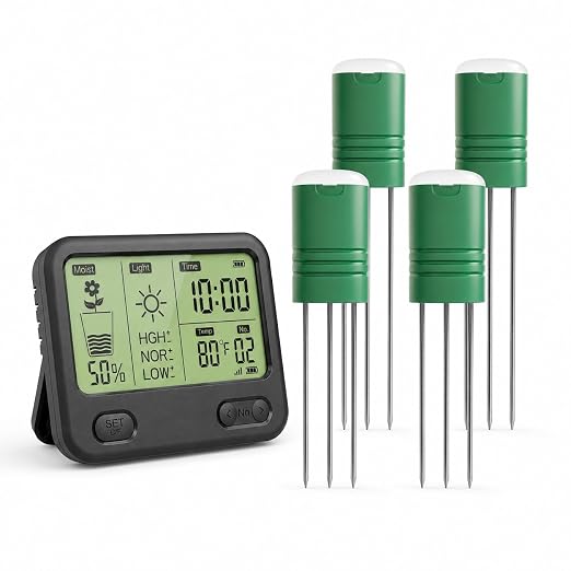 Soil Moisture Meter for Plants, 12-Zone Wireless Plant Water Meter, Soil Thermometer and Light Sensor, 4-in-1 TDR Tester, 230ft Range, IPX5 Waterproof for Indoor Outdoor Garden Lawn (Display+4 Sensor)