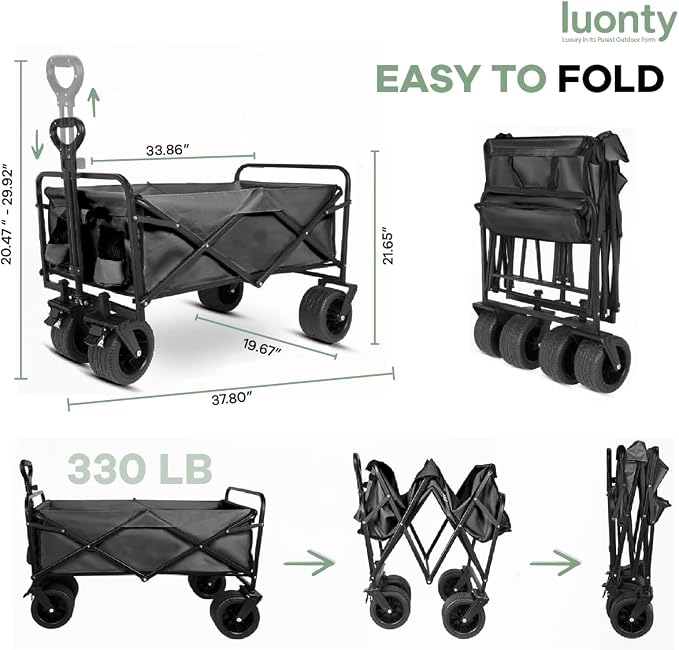 Collapsible Utility Wagon Cart, Heavy Duty Folding Garden Cart with Wheels, Black Steel Frame, 150 L Capacity - 330 LB Capacity