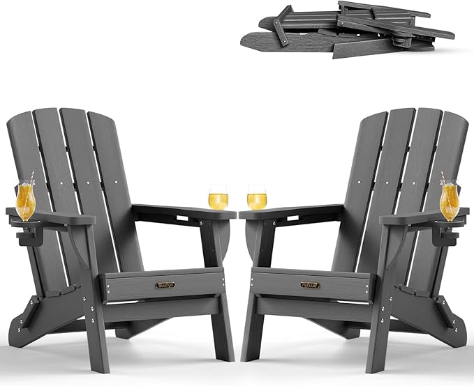 Folding Adirondack Chair 2 Pack, HDPE All-Weather Fire Pit Chairs, Plastic Adirondack Chairs with 2 Cup Holder, Outdoor Lawn Chair for Patio Garden (Grey)