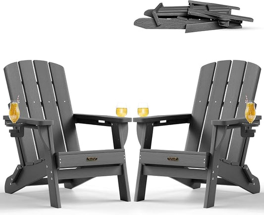 Folding Adirondack Chair Set of 2, HDPE Adirondack Chairs with 2 Cup Holder, Plastic All-Weather Fire Pit Chairs, Outdoor Lawn Chair for Patio Garden (Grey)