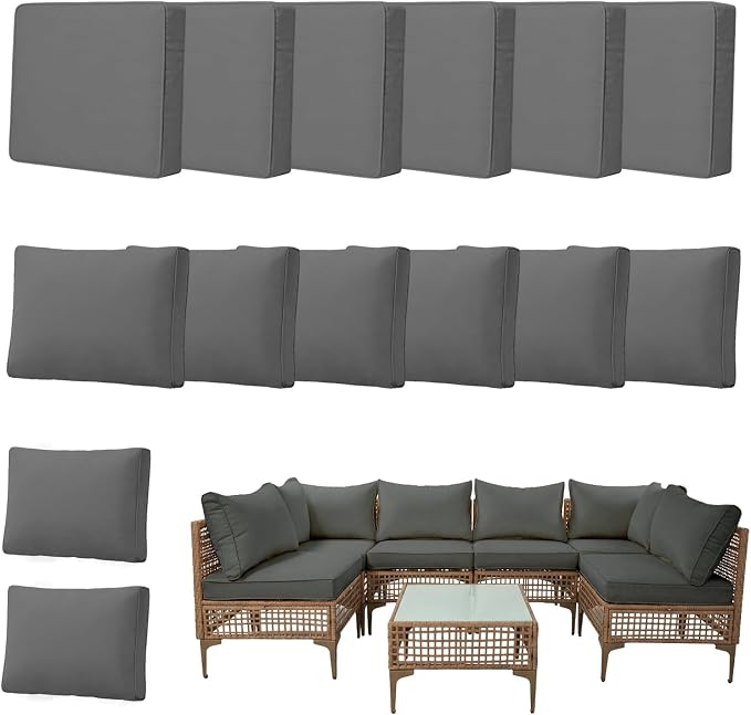 14pcs Outdoor Patio Cushion Covers Replacement, 25.6" Zippered Outdoor Cushion Covers Waterproof, UV Resistant & Washable Patio Furniture Cushion Covers Waterproof for Patio Sectional, Lght Grayi