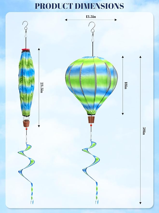 2PCS Giant Rainbow Hot Air Balloon Wind Spinners 14" W x 59" H Large Multicolor Whirligig Wind Spinner Hanging Ornaments for Yard Garden Lawn Outdoor Decorations(Pink&Green)