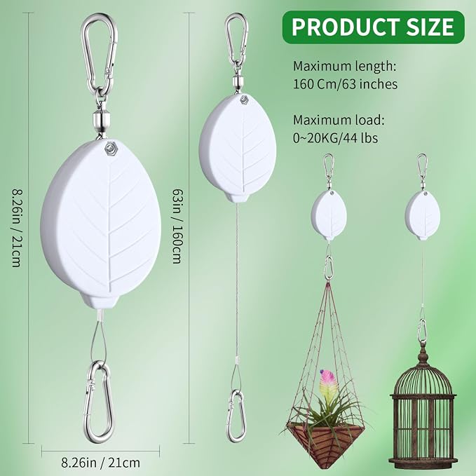 Heavy Duty Retractable Plant Hangers, Adjustable Pull-Down Pulleys with 63" Stainless Steel Rope, Double Hooks for Hanging Plants, Bird Feeders, Planters & Pots, Indoor & Outdoor Use (3Pcs- White)