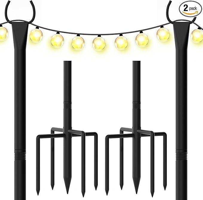 String Light Poles for Outside, 10ft Outdoor Poles for String Lights, Heavy Duty Stepped-in 5-Prong Base Light Pole for Backyard, Patio, Garden, Wedding & Party Decor (2 Pack)