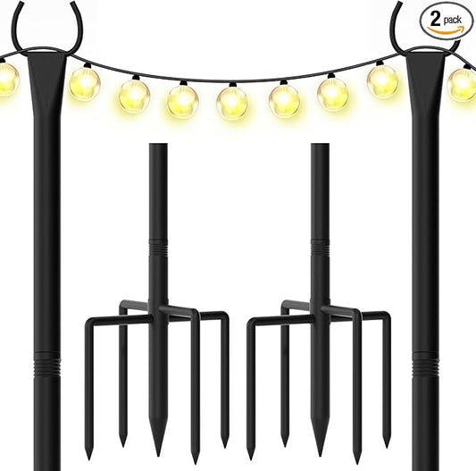 String Light Poles for Outside, 10ft Outdoor Poles for String Lights, Heavy Duty Stepped-in 5-Prong Base Light Pole for Backyard, Patio, Garden, Wedding & Party Decor (2 Pack)