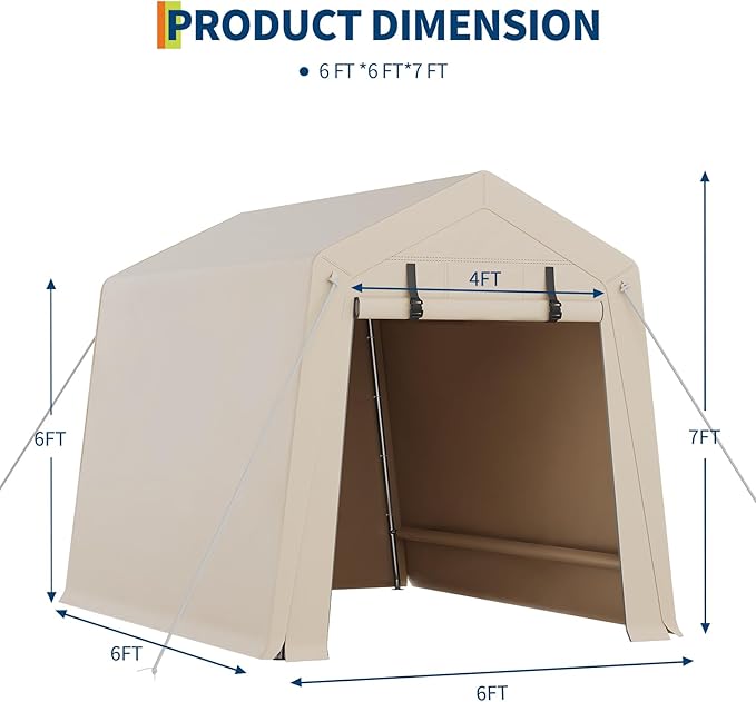 6 x 8 ft Bike Shed Storage Tent, Portable Outdoor Storage Shelter with Roll-Up Double Zipper Door, Ventilated Tarp Shed, Galvanized Steel Frame for ATV Motorcycle Bicycle Garden Tools,Khaki