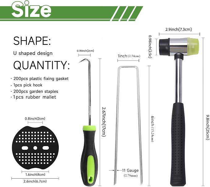 6 Inch Landscape Staples Set, 11 Gauge Galvanized U-Shaped Garden Stakes (200 Pack) with 200 Gaskets, Hook Tool & Rubber Mallet for Weed Fabric & Landscaping