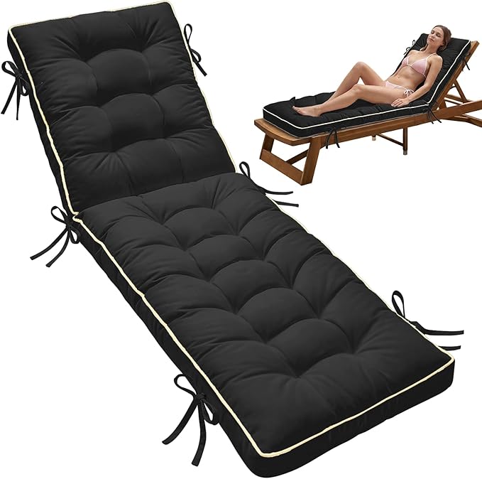 80x26 Inch Folding Chaise Lounge Cushion Quick Dry - Outdoor Sun Lounger Seat Pad with Shredded Foam for Patio Furniture, Deck Chairs, Poolside (Black, 80 INCH × 26 INCH)