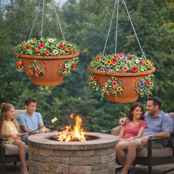 Ultimate Hanging Baskets - Strawberry, Tomato, Flower, and Herb Outdoor Planters - Use Garden Pots for Growing Plants Outside On A Deck, Fence, or Balcony (2, Terracotta)