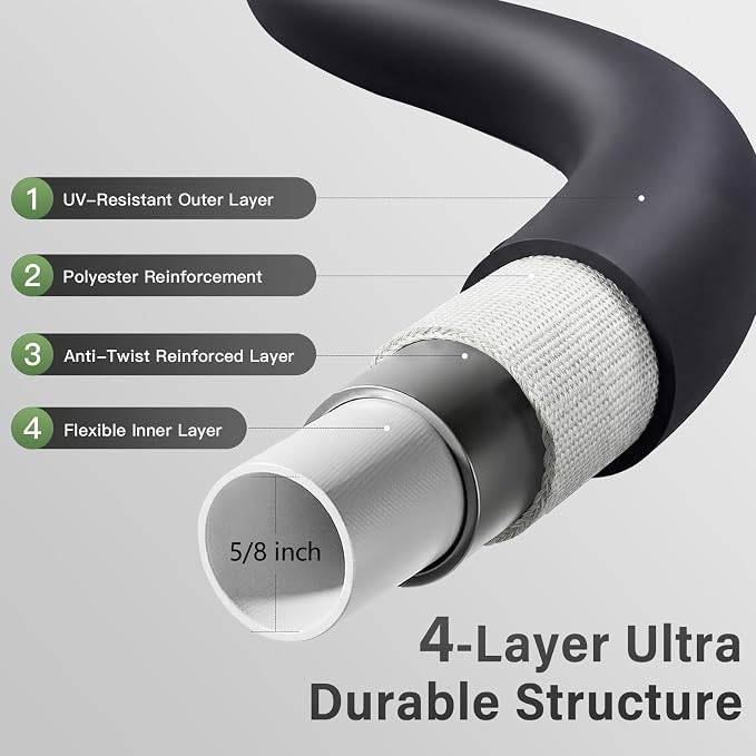 Garden Hose 5/8" x 25ft 4-Layer Heavy Duty Hose with 800 PSI Burst Pressure – Kink Resistant Flexible All-Weather Outdoor Hose for Yard Car Wash Pets Black