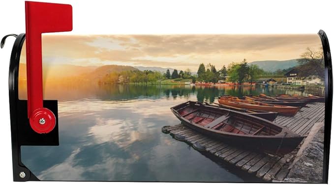 ZZKKO Magnetic Mailbox Covers Natural Life Lake Boat and Sunset Nature Landscapes Letter Box Cover Colorful Painting Graden Outdoor Decorations,20.8x18 Inch Standard Size,Multicolor