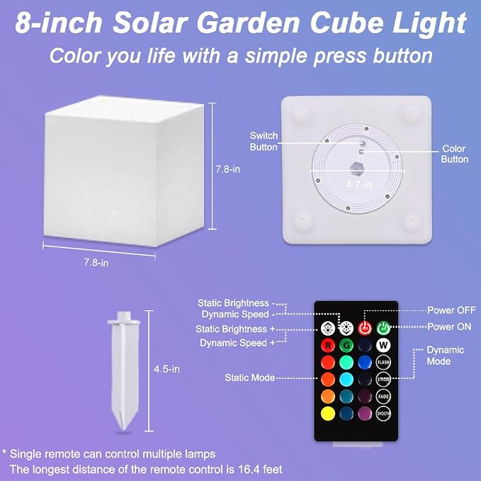 8-in Garden Solar Cube Light Outdoor, Waterproof Solar Cube Lamp for Outside w/Remote, 16 RGB Color 4 Mode Glow Tesseract Cosmic Cubes, Illuminate Cubes Mood Lamp w/Ground Stake for Patio Yard Pathway