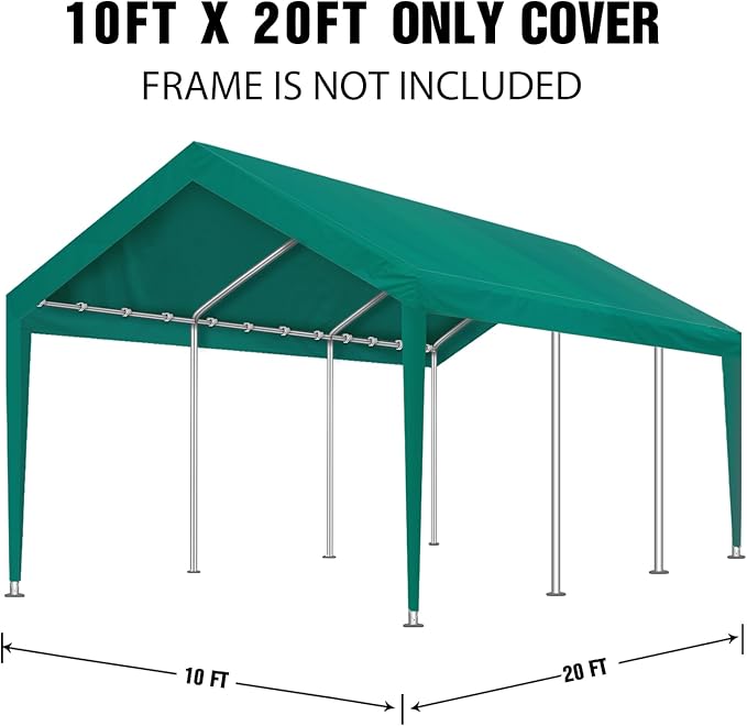 Carport Canopy Replacement Cover, Waterproof & UV Protected Garage Top Tarp Shelter Cover with Ball Bungee Cords, Car Cover Tent (Frame is not Included) (Green, 10'x20')