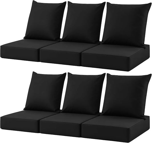 Patio Cushions for Outdoor Furniture, 24x24 Outdoor Couch Cushions, Waterproof & Fade-Resistant Patio Chair Cushions with Removable Cover, Replacement Outdoor Deep Seat Cushion, Black (Set of 6)