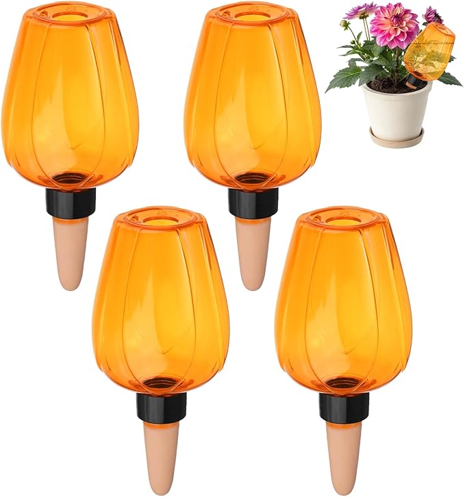 M METERXITY 4-Pack Plant Self Watering Globes, 6.8 oz Plastic Rose Water Bulbs Top Fill for Indoor/Outdoor Plants, Self Watering Spikes Slow Release Terracotta [Orange]