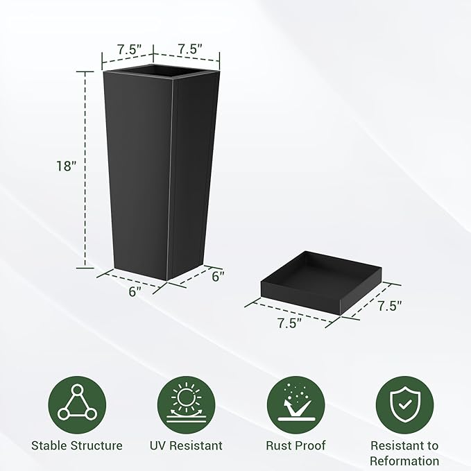 Metal Tall Outdoor Planters Set of 2, 18 inch Durable Tall Planters with Rust-Proof Coating & Drainage Insert Shelve & Trays, Black Outdoor Planters for Porch, Garden, Patio, Yard