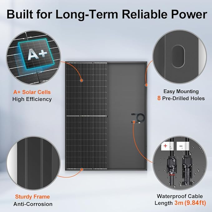 DOKIO Monocrystalline Solar Panel Size 800W (2×400W) 31V for 12/24V Devices, Aluminum Frame, 3m Cable, Pre-Drilled Holes for Yard, Garden, Shed, Off-Grid Power