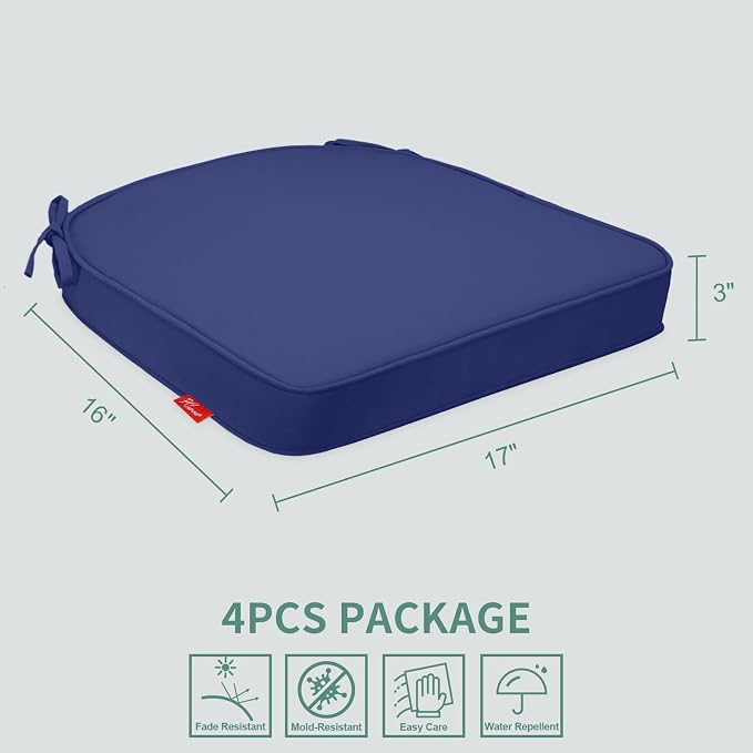 Outdoor Chair Cushions Set of 4, 17x16 Inch U-Shape Patio Seat Cushions with Ties, Water & Fade Resistant High Density Foam Cushions for Garden Patio Chairs, Deep Blue