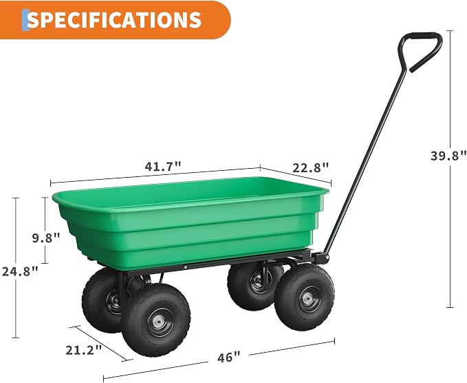 Heavy Duty Garden Dump Cart with 1200 Lbs Capacity – 4 Cu.Ft Yard Utility Wagon with 10" All-Terrain Tires, 180° Adjustable Handle & Quick-Release Tipping for Soils, Plants & Tools, Green