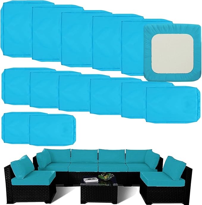 Outdoor Cushion Covers Replacement 14 Pcs Patio Cushion Covers fit for 7Pieces 6-Seater Wicker Rattan Sectional Couch Sofa Outdoor Cushion Slipcovers Set Seat and Back Cover Only, Teal