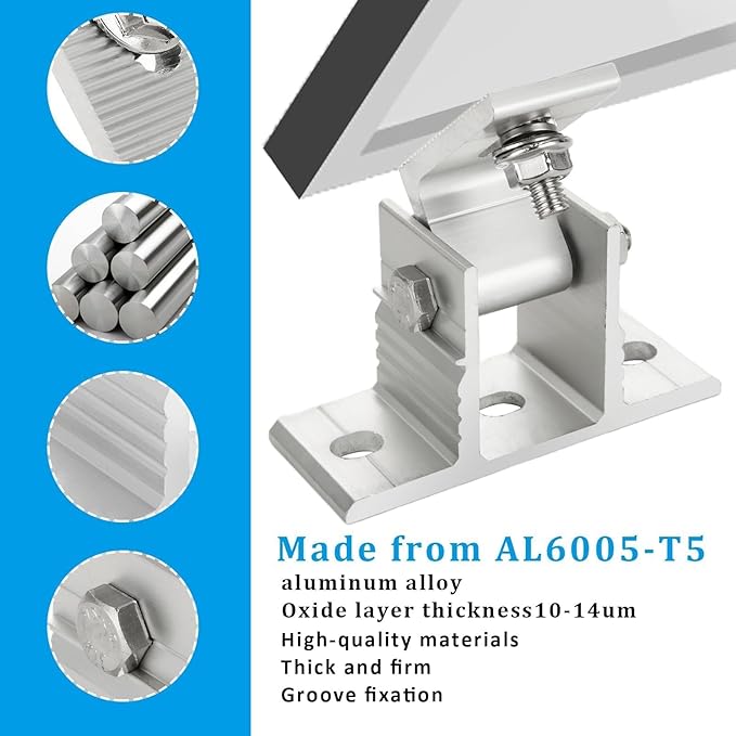 2 Set Adjustable Solar Panel Tilt Mount Bracket Aluminum Alloy Solar Panel Mounting Support up to 50 70 100 150 200 300 400 Watt Solar Panel for Flat Surface Roof RV Boat Off-Grid (Mount Only) Silver