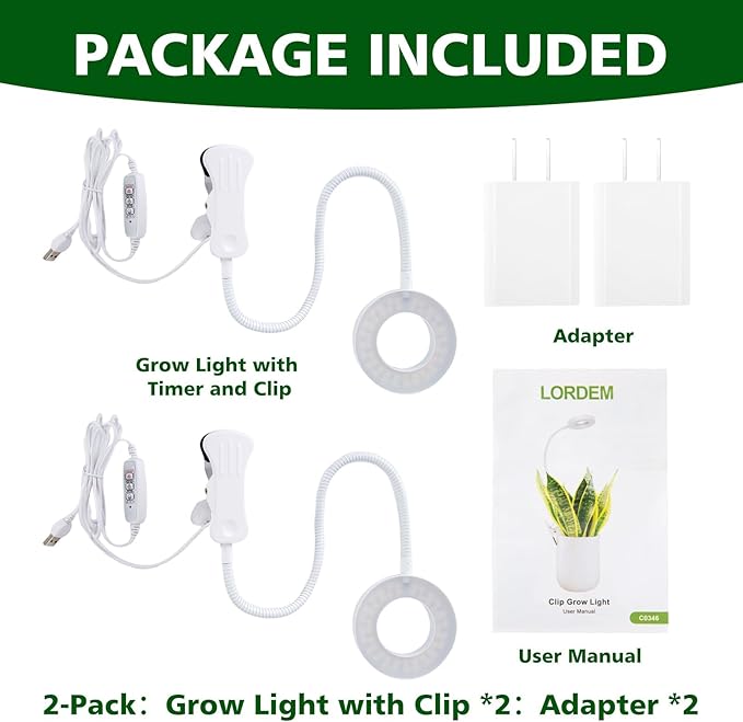 LORDEM Grow Light,Full Spectrum Pot Clip LED Plant Growth Light with Auto On/Off Timer 4/8/12H,Plant Lamp with 360°Rotatable Gooseneck, 4 Dimmable Brightness, Ideal for Small Indoor Plants, 2 Pack