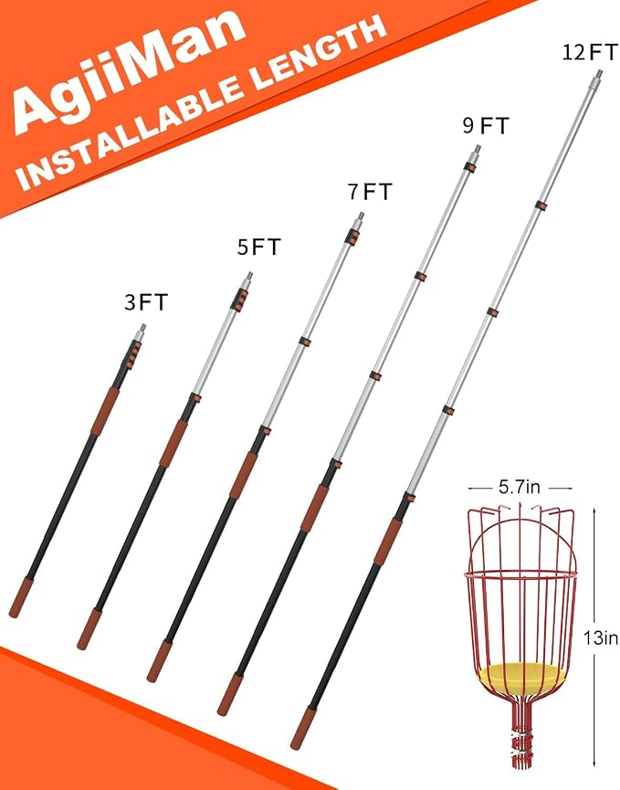 AgiiMan 18 Reach Fruit Picker with Telescopic Extension Pole, 3 to 12 FT Fruit Picker Pole Lightweight and Sturdy Aluminum Telescopic Pole, Easy to Assemble Fruit Picking Basket